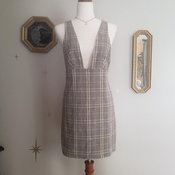 zara pinafore jumper dress / size small / gold detail on plaid - Picture 2 of 5